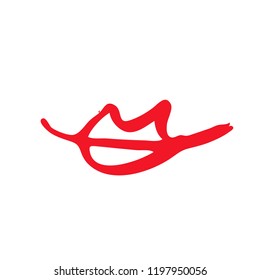 Hand drawn red lips. Sketched fashion symbol. Abstract kiss silhouette, vector, clipart, brush line, logo. Decor element for clothes and label.