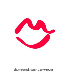 Hand drawn red lips. Sketched fashion symbol. Abstract kiss silhouette, vector, clipart, brush line, logo. Decor element for clothes and label.