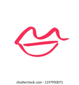 Hand drawn red lips. Sketched fashion symbol. Abstract kiss silhouette, vector, clipart, brush line, logo. Decor element for clothes and label.
