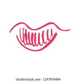 Hand drawn red lips. Sketched fashion symbol. Abstract kiss silhouette, vector, clipart, brush line, logo. Decor element for clothes and label.