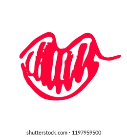 Hand drawn red lips. Sketched fashion symbol. Abstract kiss silhouette, vector, clipart, brush line, logo. Decor element for clothes and label.