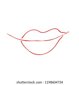 Hand drawn red lips. Sketched fashion symbol. Abstract kiss silhouette, vector, clipart, brush line, logo. Decor element for clothes and label.