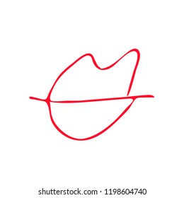 Hand drawn red lips. Sketched fashion symbol. Abstract kiss silhouette, vector, clipart, brush line, logo. Decor element for clothes and label.