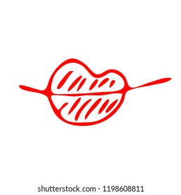 Hand drawn red lips. Sketched fashion symbol. Abstract kiss silhouette, vector, clipart, brush line, logo. Decor element for clothes and label.