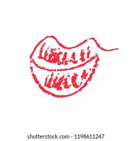 Hand drawn red lips. Sketched fashion symbol. Abstract kiss silhouette, vector, clipart, brush line, logo. Decor element for clothes and label.