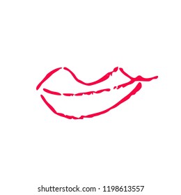 Hand drawn red lips. Sketched fashion symbol. Abstract kiss silhouette, vector, clipart, brush line, logo. Decor element for clothes and label.