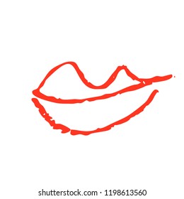 Hand drawn red lips. Sketched fashion symbol. Abstract kiss silhouette, vector, clipart, brush line, logo. Decor element for clothes and label.