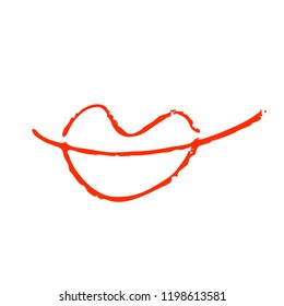 Hand drawn red lips. Sketched fashion symbol. Abstract kiss silhouette, vector, clipart, brush line, logo. Decor element for clothes and label.