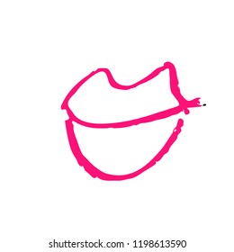 Hand drawn red lips. Sketched fashion symbol. Abstract kiss silhouette, vector, clipart, brush line, logo. Decor element for clothes and label.