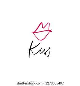 Hand drawn red lips symbol and hugs and kiss me text. Vector, clipart, isolated details. Editable elements on white background.