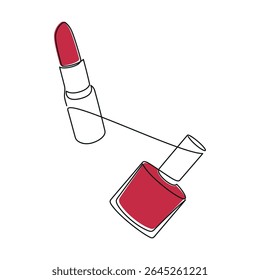 Hand drawn red lipstick and nail polish bottle vector. One line continuous drawing. Beauty fashion icon, cosmetics linear silhouette, makeup product print, banner, card, poster, logo, sign, symbol.