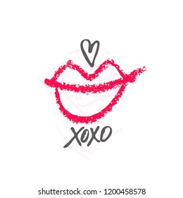 Hand drawn red lipstick with text. Sketched kiss symbol and fashion silhouette. Decor element for design. Vector, clipart, brush line.
