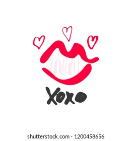 Hand drawn red lipstick with text. Sketched kiss symbol and fashion silhouette. Decor element for design. Vector, clipart, brush line.
