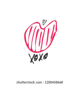 Hand drawn red lipstick with text. Sketched kiss symbol and fashion silhouette. Decor element for design. Vector, clipart, brush line.
