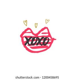 Hand drawn red lipstick with text. Sketched kiss symbol and fashion silhouette. Decor element for design. Vector, clipart, brush line.
