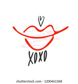 Hand drawn red lipstick with text. Sketched kiss symbol and fashion silhouette. Decor element for design. Vector, clipart, brush line.