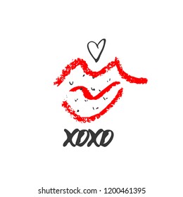 Hand drawn red lipstick with text. Sketched kiss symbol and fashion silhouette. Decor element for design. Vector, clipart, brush line.