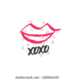 Hand drawn red lipstick with text. Sketched kiss symbol and fashion silhouette. Decor element for design. Vector, clipart, brush line.