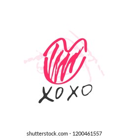 Hand drawn red lipstick with text. Sketched kiss symbol and fashion silhouette. Decor element for design. Vector, clipart, brush line.

