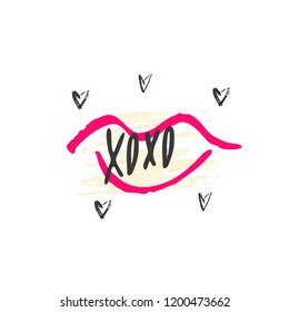 Hand drawn red lipstick with text. Sketched kiss symbol and fashion silhouette. Decor element for design. Vector, clipart, brush line.
