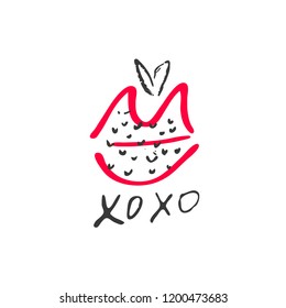 Hand drawn red lipstick with text. Sketched kiss symbol and fashion silhouette. Decor element for design. Vector, clipart, brush line.