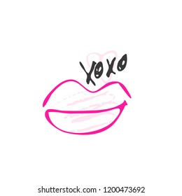 Hand drawn red lipstick with text. Sketched kiss symbol and fashion silhouette. Decor element for design. Vector, clipart, brush line.