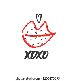 Hand drawn red lipstick with text. Sketched kiss symbol and fashion silhouette. Decor element for design. Vector, clipart, brush line.