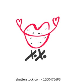 Hand drawn red lipstick with text. Sketched kiss symbol and fashion silhouette. Decor element for design. Vector, clipart, brush line.
