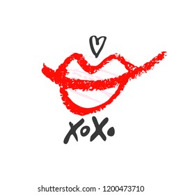 Hand drawn red lipstick with text. Sketched kiss symbol and fashion silhouette. Decor element for design. Vector, clipart, brush line.

