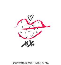 Hand drawn red lipstick with text. Sketched kiss symbol and fashion silhouette. Decor element for design. Vector, clipart, brush line.