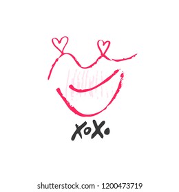 Hand drawn red lipstick with text. Sketched kiss symbol and fashion silhouette. Decor element for design. Vector, clipart, brush line.