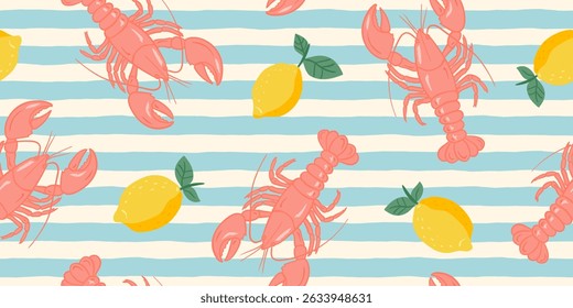 Hand drawn red lobsters and whole lemons seamless pattern on blue and white striped background for seafood restaurant menu vector illustration