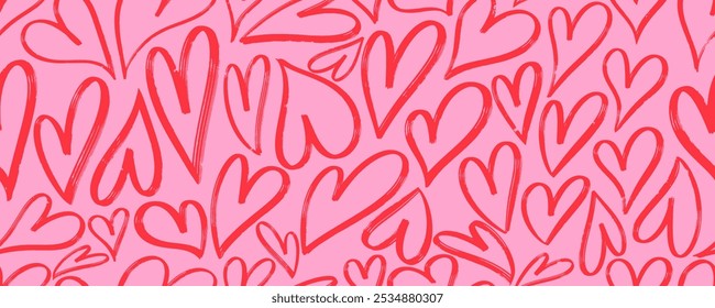 Desenhado à mão Coração de amor vermelho padrão sem costura. Vetor sem emenda bonito romântico corações rosa impressão de fundo. Textura de fundo do feriado do dia dos namorados do modelo, , grunge, projeto de casamento romântico, banner. 