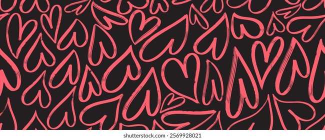 Hand drawn Red love heart seamless pattern. Seamless vector cute romantic pink hearts background print. Template Valentine's day holiday backdrop texture, , grunge, romantic wedding design, banner. 