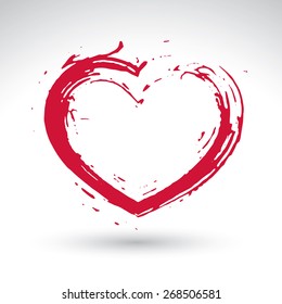 Hand drawn red love heart icon, loving heart sign, created with real hand drawn ink brush scanned and vectorized, hand-painted love symbol isolated on white background.