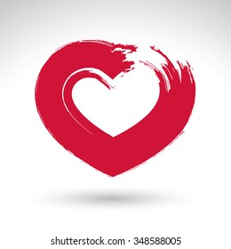 Hand drawn red love heart icon, loving heart sign, created with real hand drawn ink brush scanned and vectorized. Hand-painted love symbol isolated on white background.