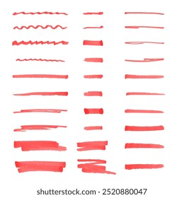 Hand drawn red marker brush lines, check mark, underline stroke. Stylish elements for design, Vector illustration highlights collection