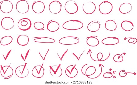 Handgezeichnete rote Marker Kreise und Ovale - Scribble Highlight Ringe und Doodle Ellipsen Vektor-Set