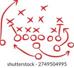 Hand drawn red marker diagram illustrating a complex American football offensive play strategy on a white background.