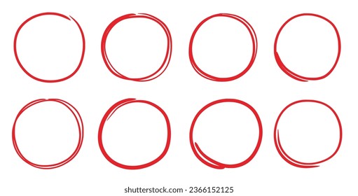 Hand drawn red marker round frame. Hand drawn marker stroke style doodle red circle frame. Scribble round frame for check, text highlight. Grunge scratch style set. Vector illustration