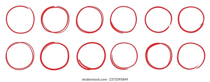 Hand drawn red marker round frame. Hand drawn marker stroke style doodle red circle frame. Scribble round frame for check, text highlight. Grunge scratch style set. Vector illustration