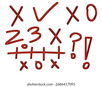 Hand drawn red marks crosses check marks and symbols on white