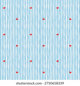 Hand drawn red mini hearts on baby blue vertical stripes whimsical seamless pattern, Great for baby shower textiles, aesthetic apparel, and stationery.