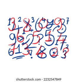 hand drawn red numbers on white background. scribble dark blue numbers. background with numbers