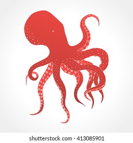 Hand drawn red octopus on a white background. Vector illustration