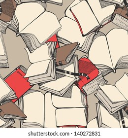 Hand Drawn Red Opened Books Seamless Pattern. Colored Sketch Style Vector Background