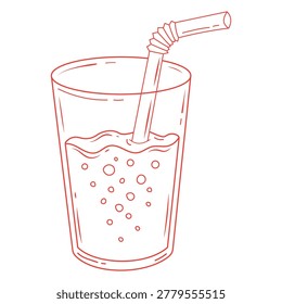 Hand drawn red outline illustration of a glass cup with bubbly beverage and drinking straw.