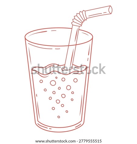 Hand drawn red outline illustration of a glass cup with bubbly beverage and drinking straw.