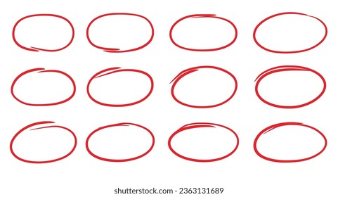 Hand drawn red oval set. Hand drawn doodle marker, pen stroke line highlight oval frame. Scribble round frame for text highlight. Grunge scratch style set. Vector illustration