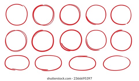 Juego de ovales rojos dibujado a mano. Marcador de doodle dibujado a mano, línea de trazo de la pluma resaltan el marco oval. Dibujar marco redondo para resaltar texto. Conjunto de estilo de arañazos. Ilustración del vector